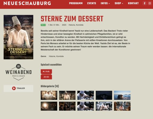STERNE ZUM DESSERT Kino &amp; Vino - Neueschauburg Kino&amp;Vino Veranstaltung Kinofilm Sterne zum Dessert