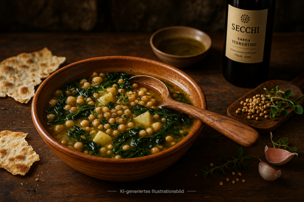 Fregola-Suppe mit Schwarzkohl und Kichererbsen - Fregola-Suppe mit Schwarzkohl &amp; Secchi Olivenöl | Sardisches Rezept