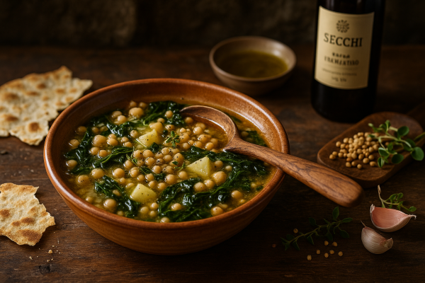 Fregola-Suppe mit Schwarzkohl und Kichererbsen - Fregola-Suppe mit Schwarzkohl &amp; Secchi Olivenöl | Sardisches Rezept