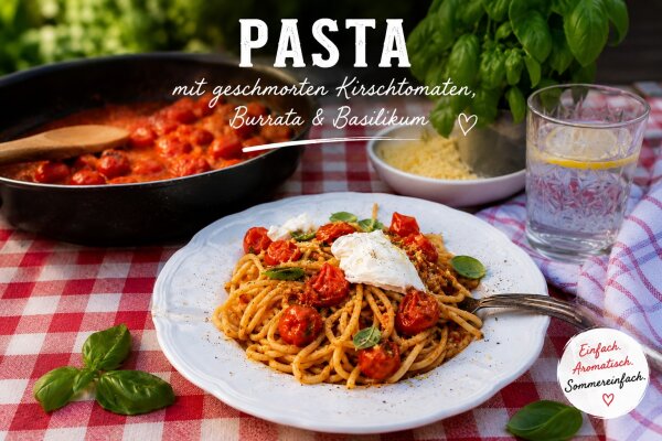 Spaghettone mit Datteltomaten, Kapern &amp; Sardellen | Sommerliches Pasta Rezept - Spaghettone mit Datteltomaten, Kapern &amp; Sardellen | tiposarda Rezept