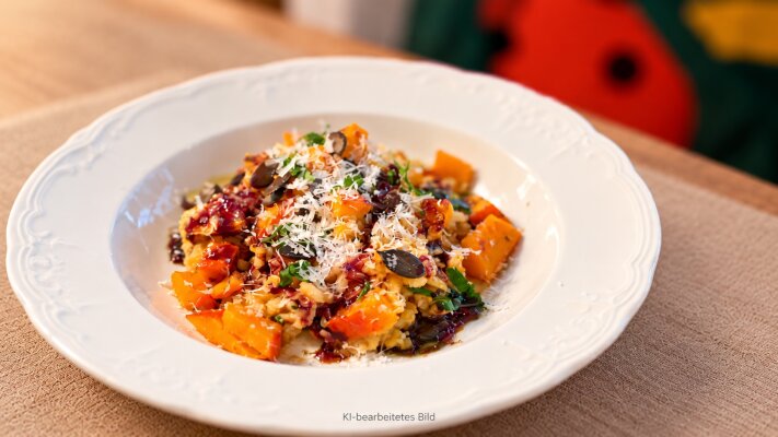 Kürbisrisotto mit Pecorino Sardo und Kürbiskernen - Kürbisrisotto mit Pecorino Sardo | tiposarda