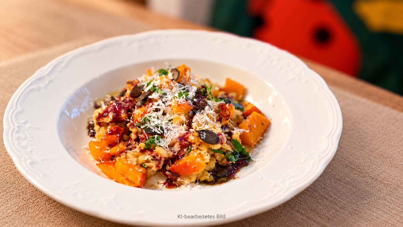 Cremiges Kürbisrisotto mit Pecorino Sardo Maturo, gerösteten Kürbiskernen und frischer Petersilie auf einem weißen Teller