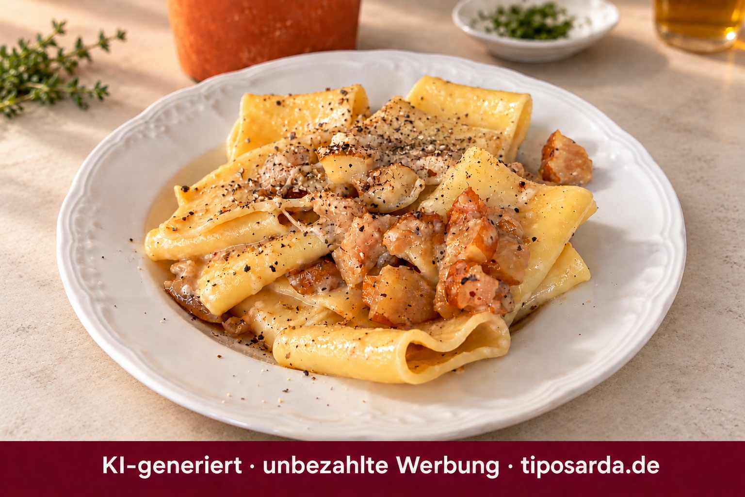 Fertig angerichtete Paccheri mit Birne, Pecorino und schwarzem Pfeffer