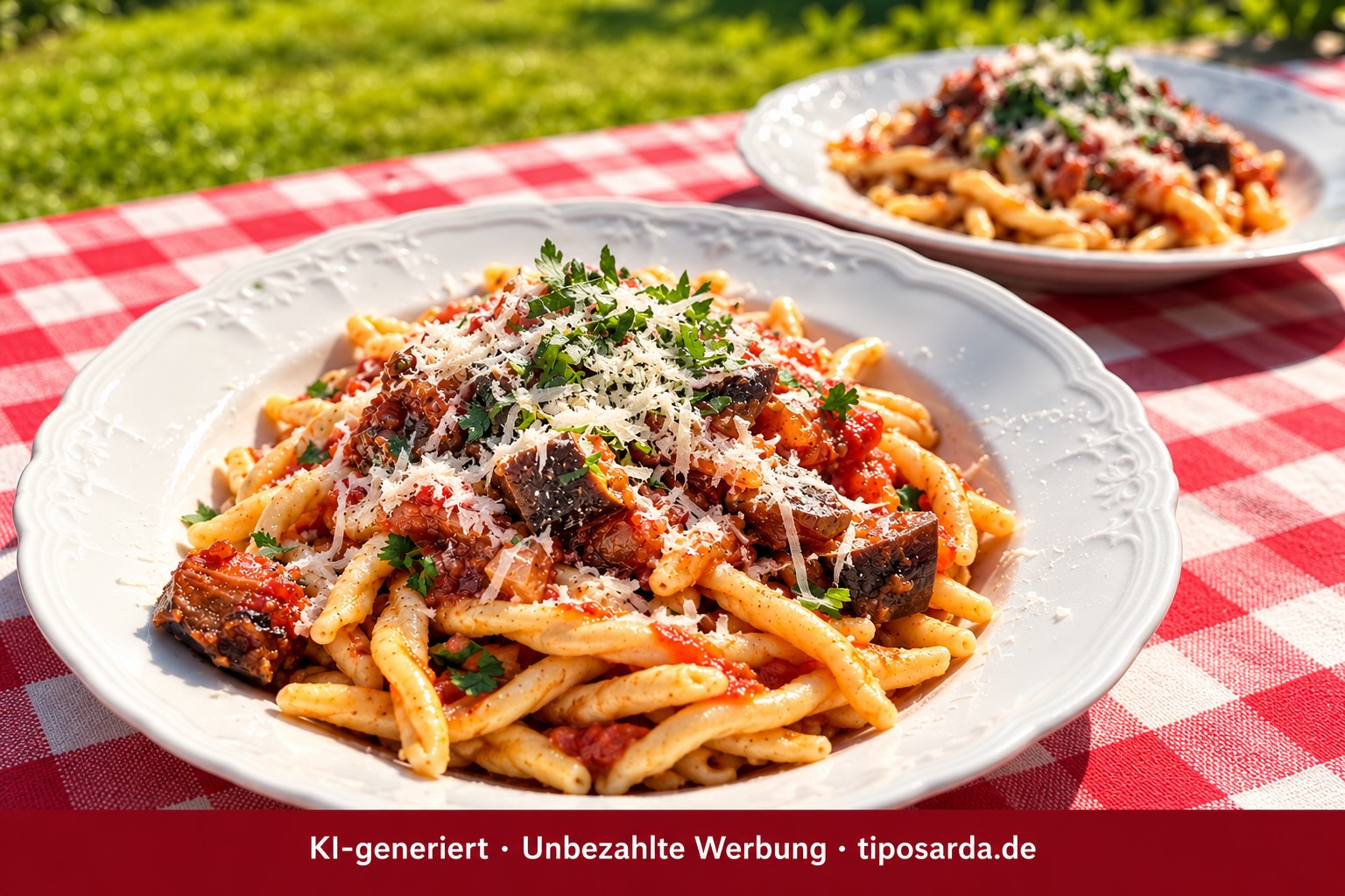 Strozzapreti mit Aubergine, Tomate und Pecorino